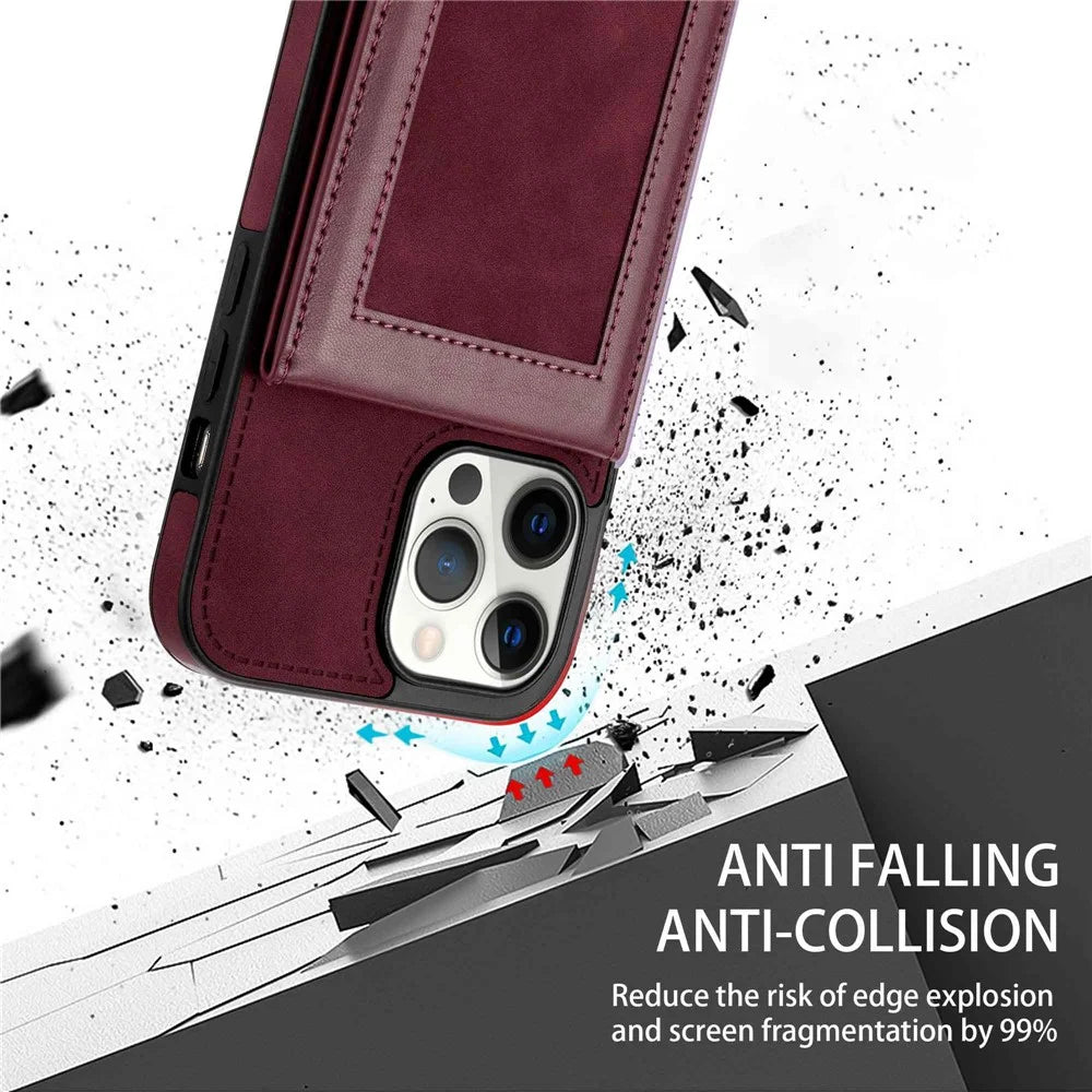 N.BEKUS RFID Blocking Phone Case for iPhone 13 Pro 6.1 inch, Vertical Card Holder Kickstand Design PU Leather and TPU Phone Cover - Wine Red - 7