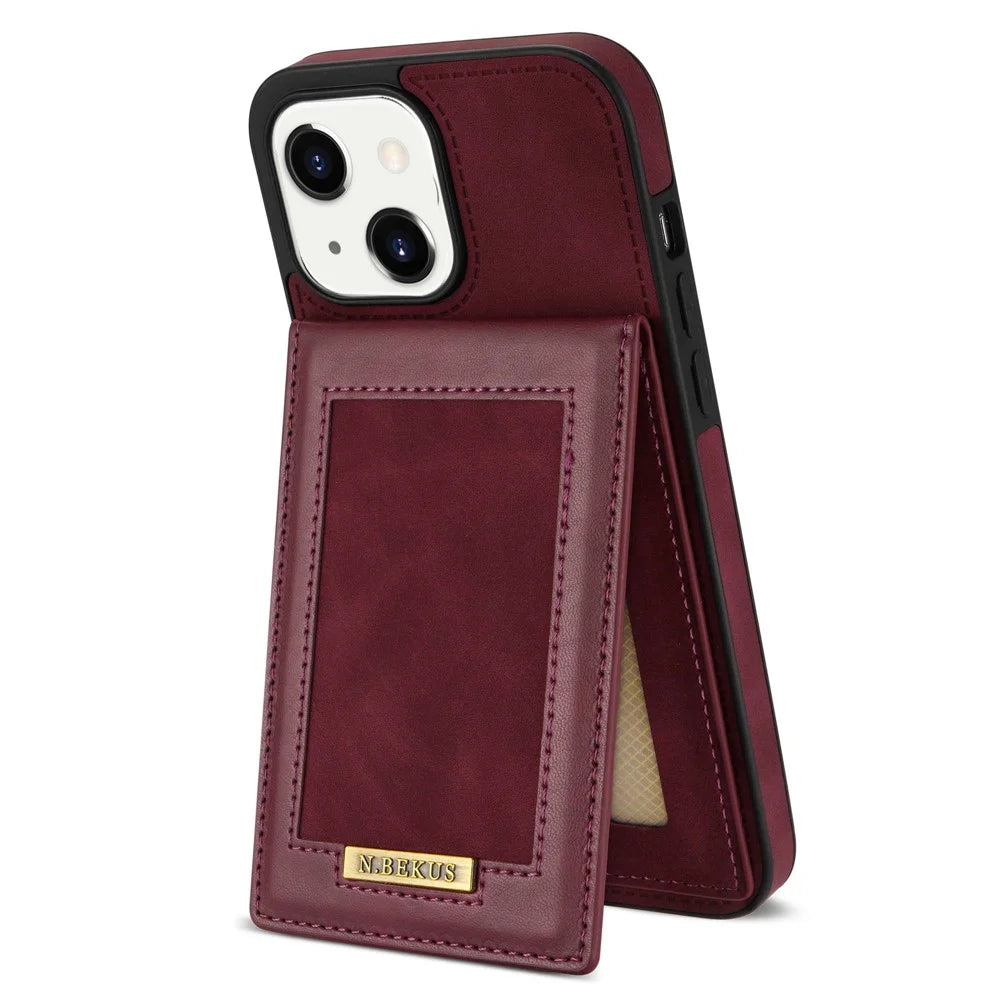N.BEKUS Phone Cover Shell for iPhone 13 6.1 inch, RFID Blocking Vertical Card Holder Kickstand PU Leather+TPU Phone Case - Wine Red - 1