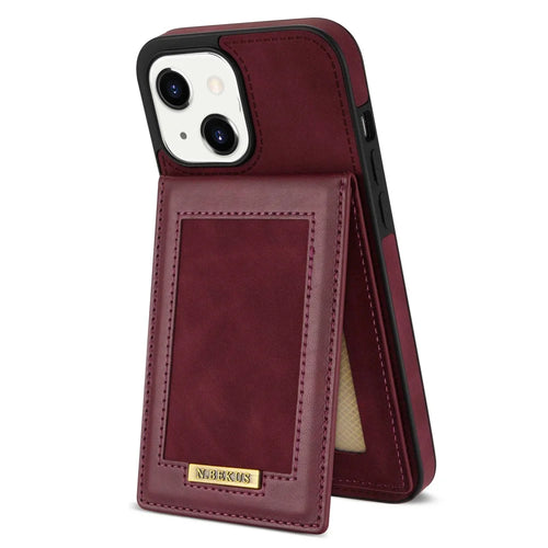 N.BEKUS Phone Cover Shell for iPhone 13 6.1 inch, RFID Blocking Vertical Card Holder Kickstand PU Leather+TPU Phone Case - Wine Red - 1