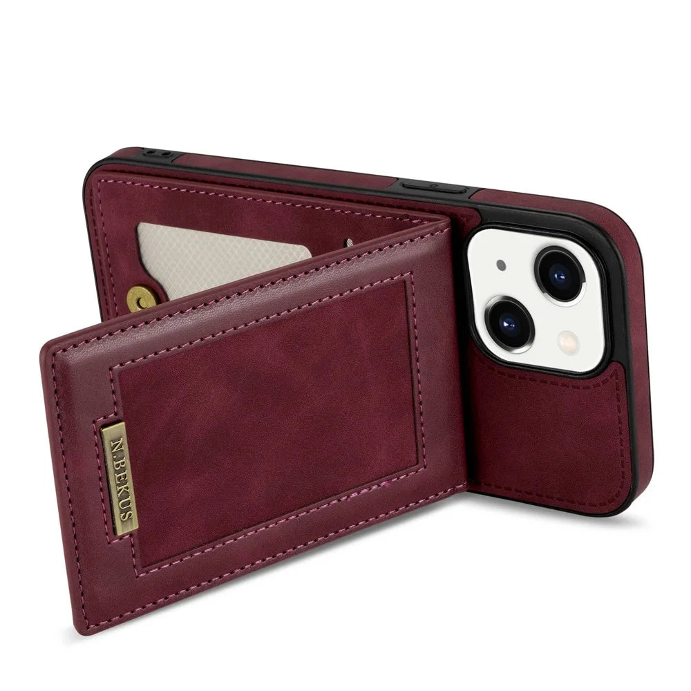 N.BEKUS Phone Cover Shell for iPhone 13 6.1 inch, RFID Blocking Vertical Card Holder Kickstand PU Leather+TPU Phone Case - Wine Red - 3