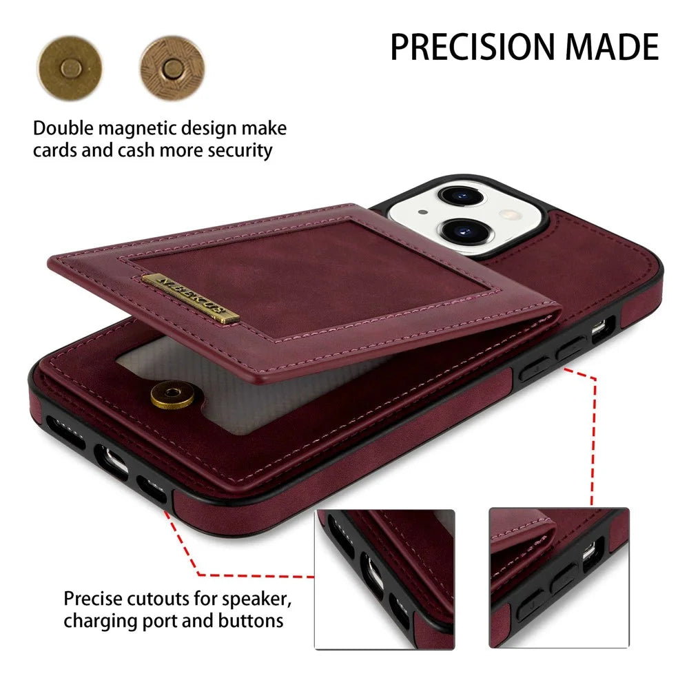 N.BEKUS Phone Cover Shell for iPhone 13 6.1 inch, RFID Blocking Vertical Card Holder Kickstand PU Leather+TPU Phone Case - Wine Red - 5