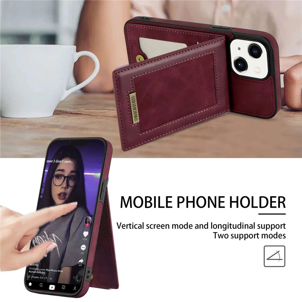 N.BEKUS Phone Cover Shell for iPhone 13 6.1 inch, RFID Blocking Vertical Card Holder Kickstand PU Leather+TPU Phone Case - Wine Red - 6