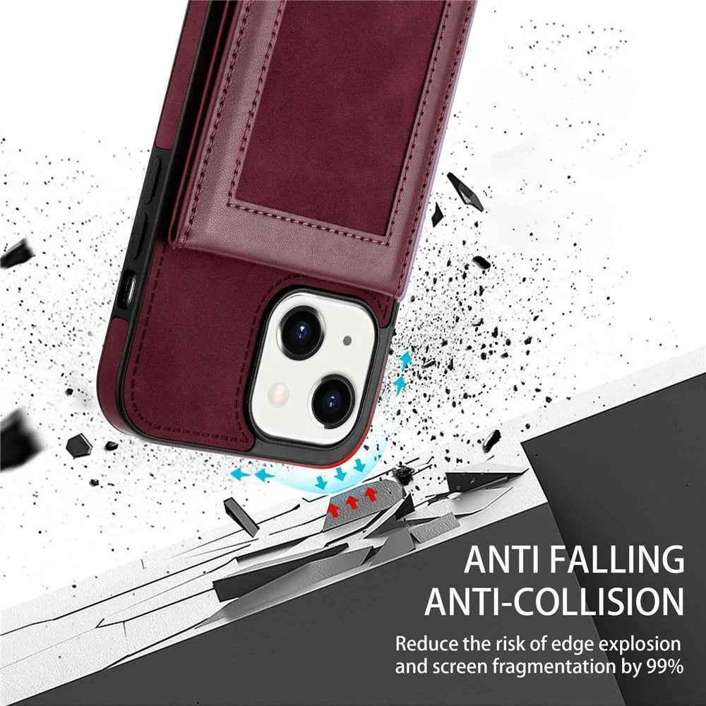 N.BEKUS Phone Cover Shell for iPhone 13 6.1 inch, RFID Blocking Vertical Card Holder Kickstand PU Leather+TPU Phone Case - Wine Red - 7