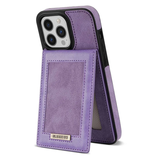 N.BEKUS For iPhone 14 Pro Max 6.7 inch Cell Phone Shell RFID Blocking Vertical Card Holder Kickstand PU Leather+TPU Phone Case - Purple - 1