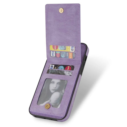 N.BEKUS For iPhone 14 Pro Max 6.7 inch Cell Phone Shell RFID Blocking Vertical Card Holder Kickstand PU Leather+TPU Phone Case - Purple - 2