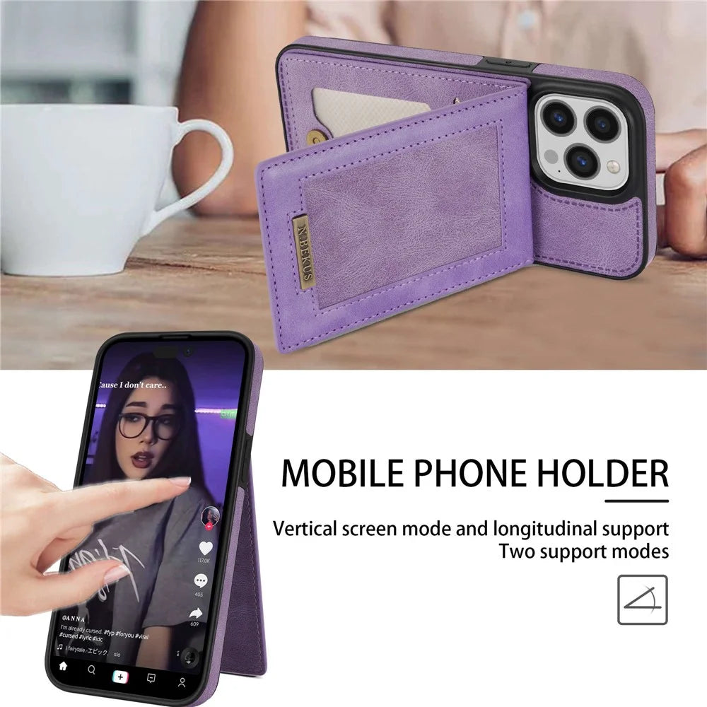 N.BEKUS For iPhone 14 Pro Max 6.7 inch Cell Phone Shell RFID Blocking Vertical Card Holder Kickstand PU Leather+TPU Phone Case - Purple - 5
