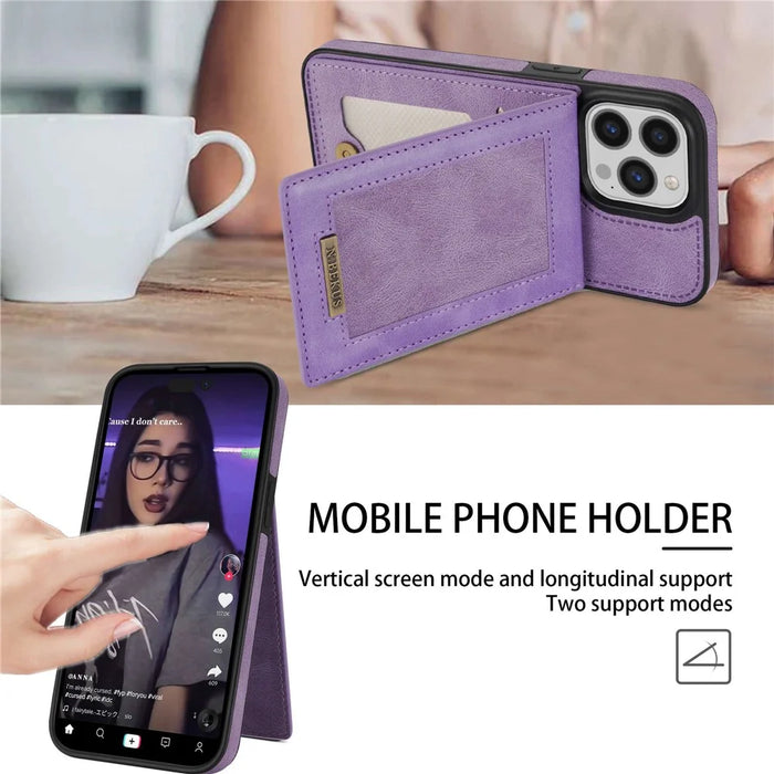 N.BEKUS For iPhone 14 Pro Max 6.7 inch Cell Phone Shell RFID Blocking Vertical Card Holder Kickstand PU Leather+TPU Phone Case - Purple - 5