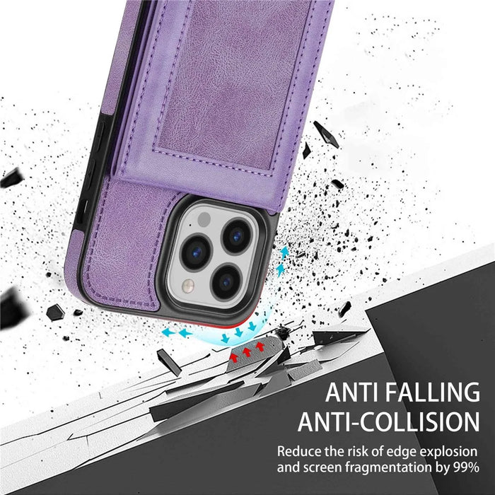 N.BEKUS For iPhone 14 Pro Max 6.7 inch Cell Phone Shell RFID Blocking Vertical Card Holder Kickstand PU Leather+TPU Phone Case - Purple - 6