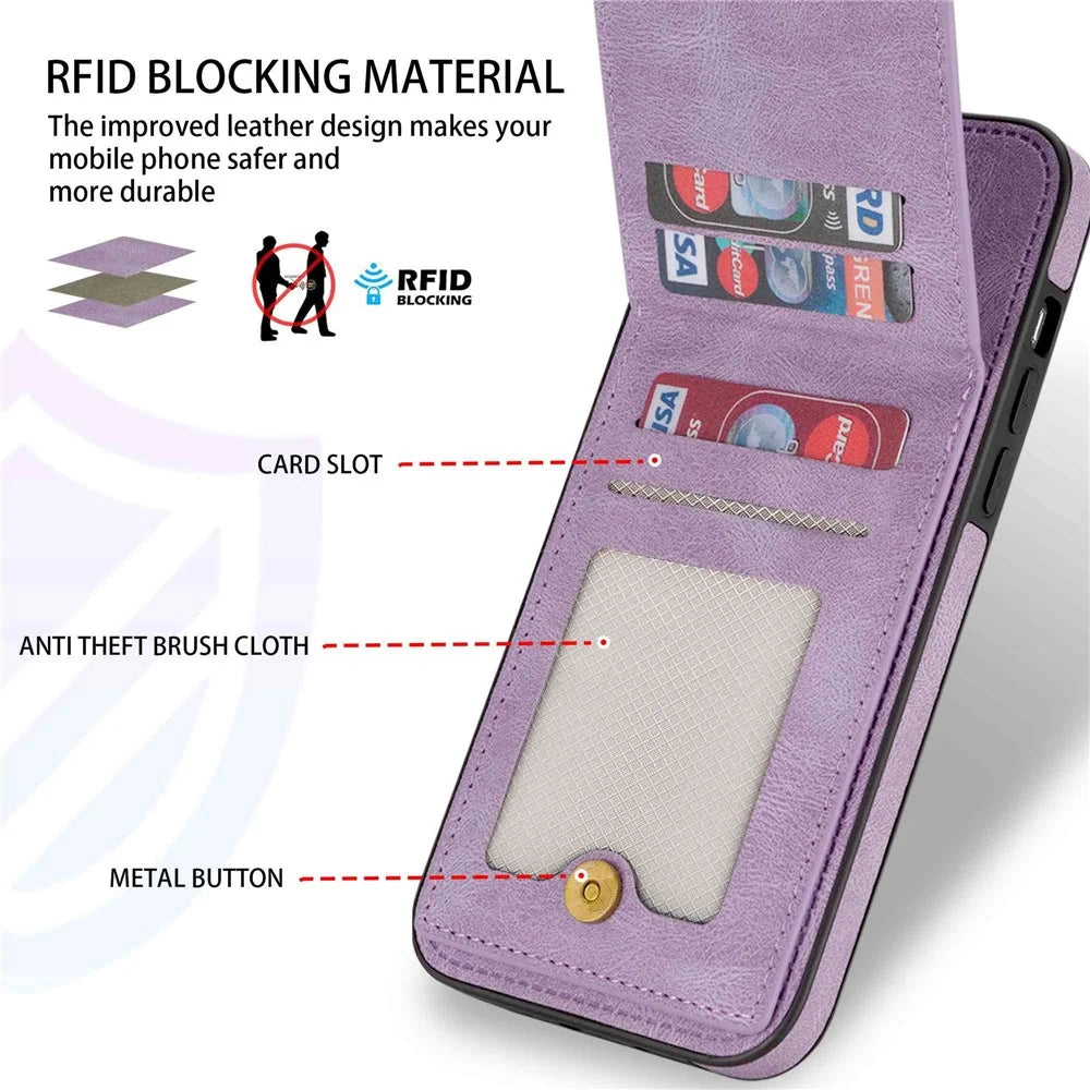 N.BEKUS For iPhone 14 Pro Max 6.7 inch Cell Phone Shell RFID Blocking Vertical Card Holder Kickstand PU Leather+TPU Phone Case - Purple - 7