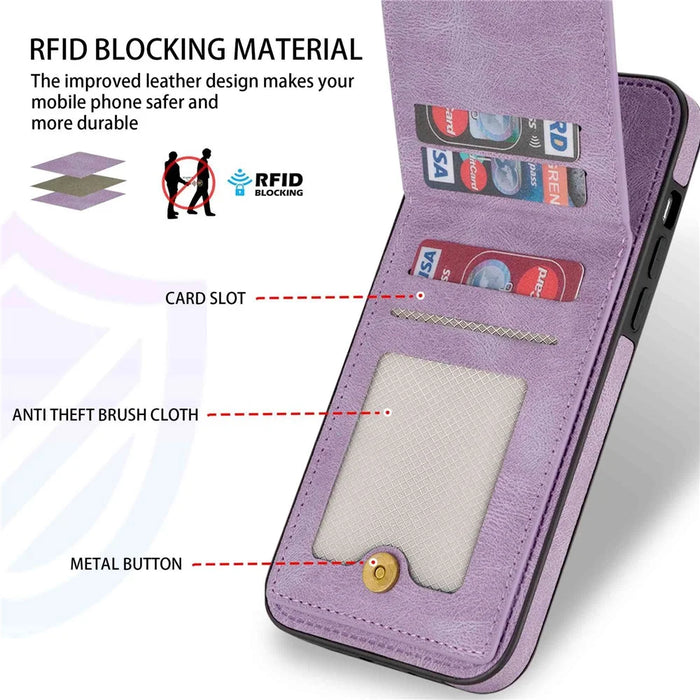 N.BEKUS For iPhone 14 Pro Max 6.7 inch Cell Phone Shell RFID Blocking Vertical Card Holder Kickstand PU Leather+TPU Phone Case - Purple - 7