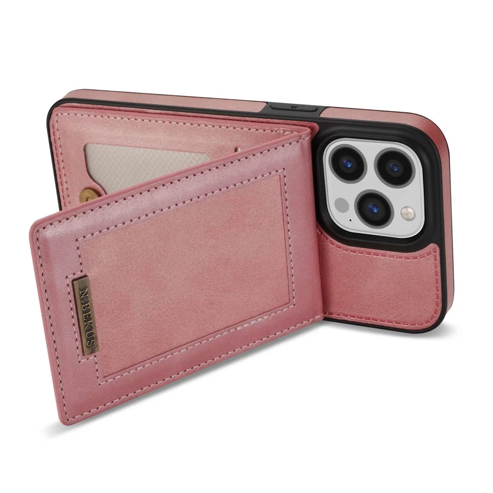 N.BEKUS Vertical Card Holder Kickstand Phone Cover for iPhone 14 Pro 6.1 inch, RFID Blocking PU Leather+TPU Phone Case - Rose Gold - 3