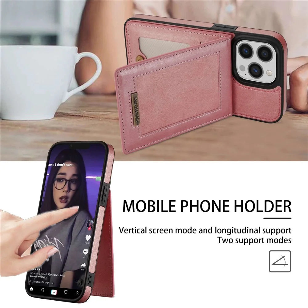 N.BEKUS Vertical Card Holder Kickstand Phone Cover for iPhone 14 Pro 6.1 inch, RFID Blocking PU Leather+TPU Phone Case - Rose Gold - 6