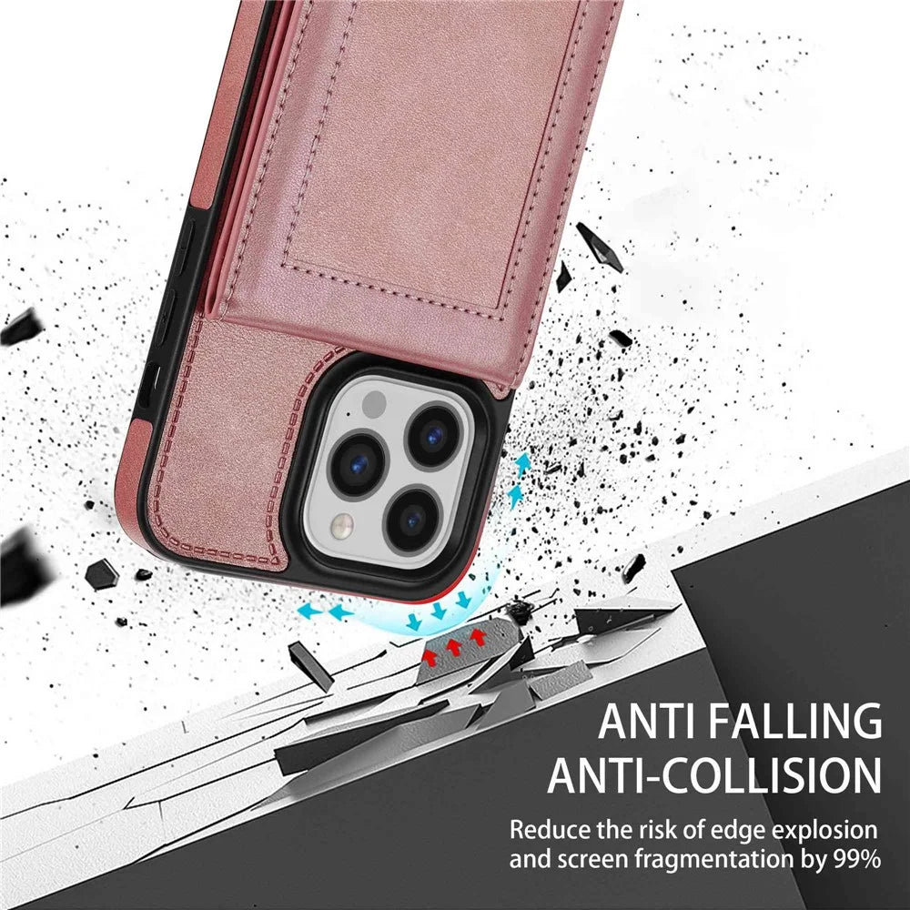 N.BEKUS Vertical Card Holder Kickstand Phone Cover for iPhone 14 Pro 6.1 inch, RFID Blocking PU Leather+TPU Phone Case - Rose Gold - 7