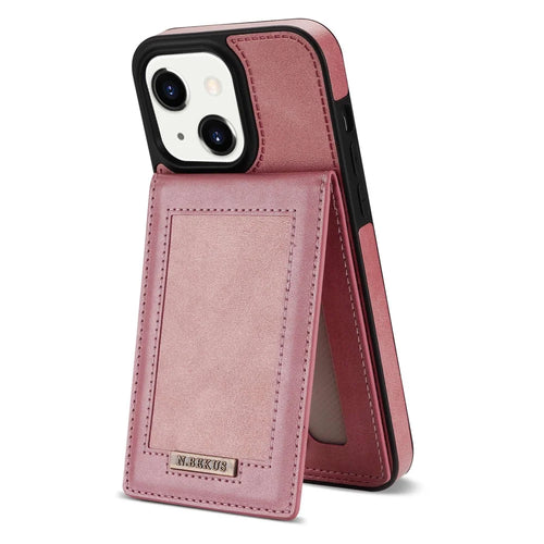 N.BEKUS For iPhone 14 Plus Mobile Phone Cover RFID Blocking Vertical Card Holder Kickstand PU Leather+TPU Phone Back Shell - Rose Gold - 1