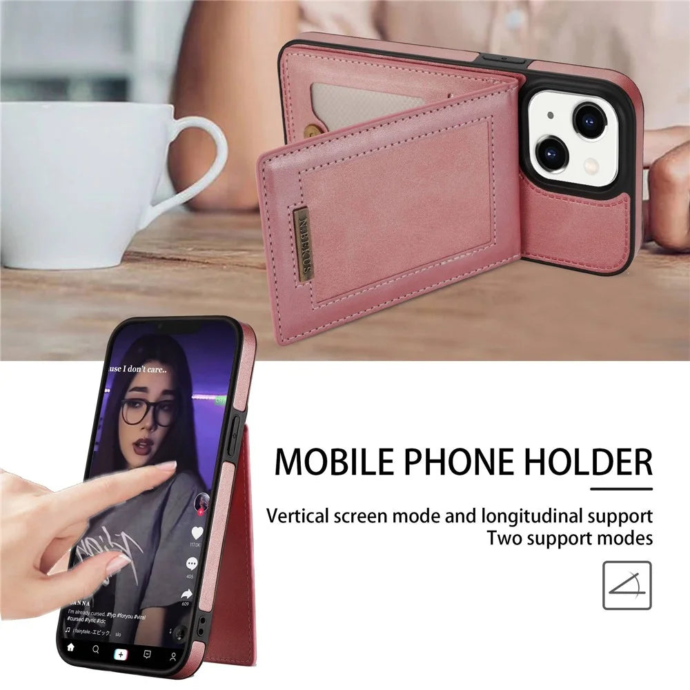 N.BEKUS For iPhone 14 Plus Mobile Phone Cover RFID Blocking Vertical Card Holder Kickstand PU Leather+TPU Phone Back Shell - Rose Gold - 5