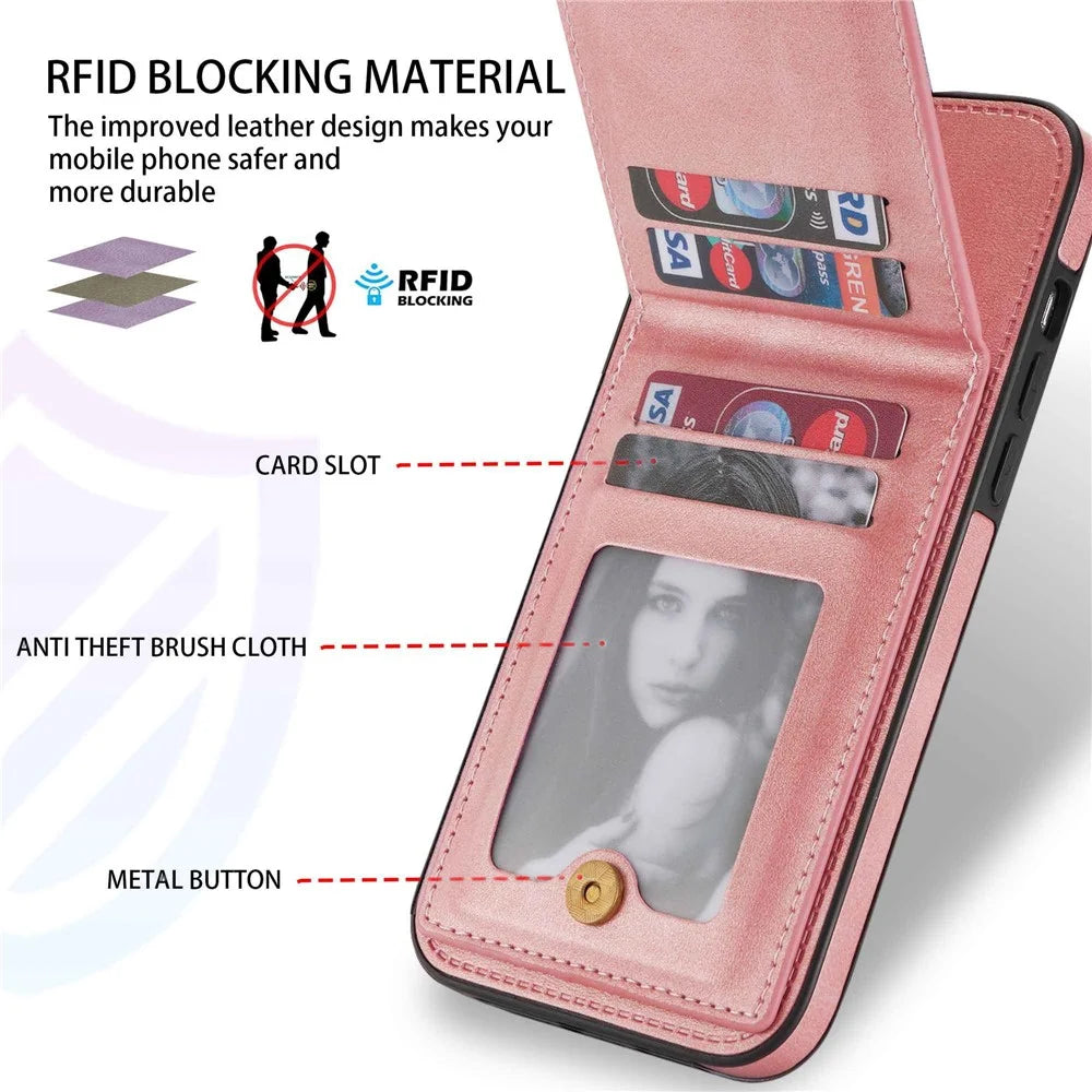 N.BEKUS For iPhone 14 Plus Mobile Phone Cover RFID Blocking Vertical Card Holder Kickstand PU Leather+TPU Phone Back Shell - Rose Gold - 7