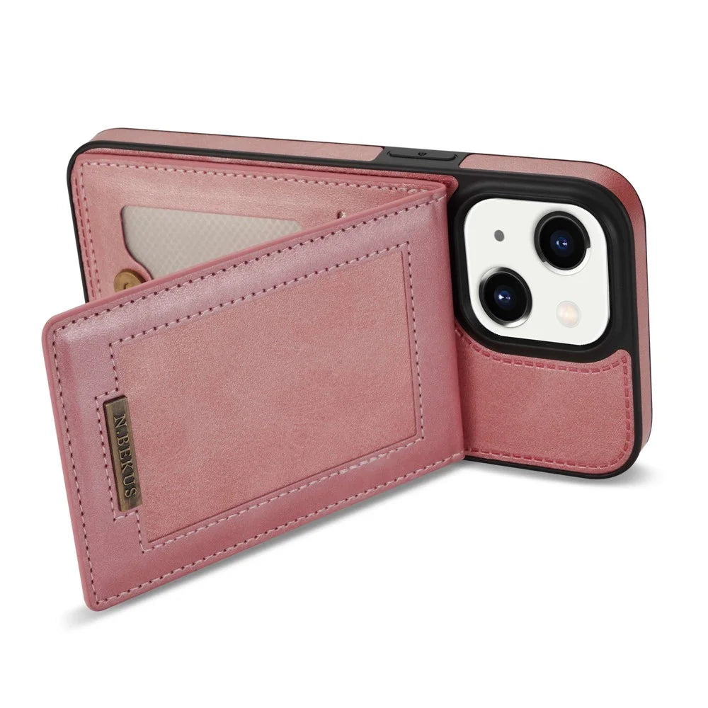 N.BEKUS For iPhone 14 6.1 inch Vertical Card Holder Kickstand Design PU Leather+TPU Phone Case RFID Blocking Phone Cover - Rose Gold - 3