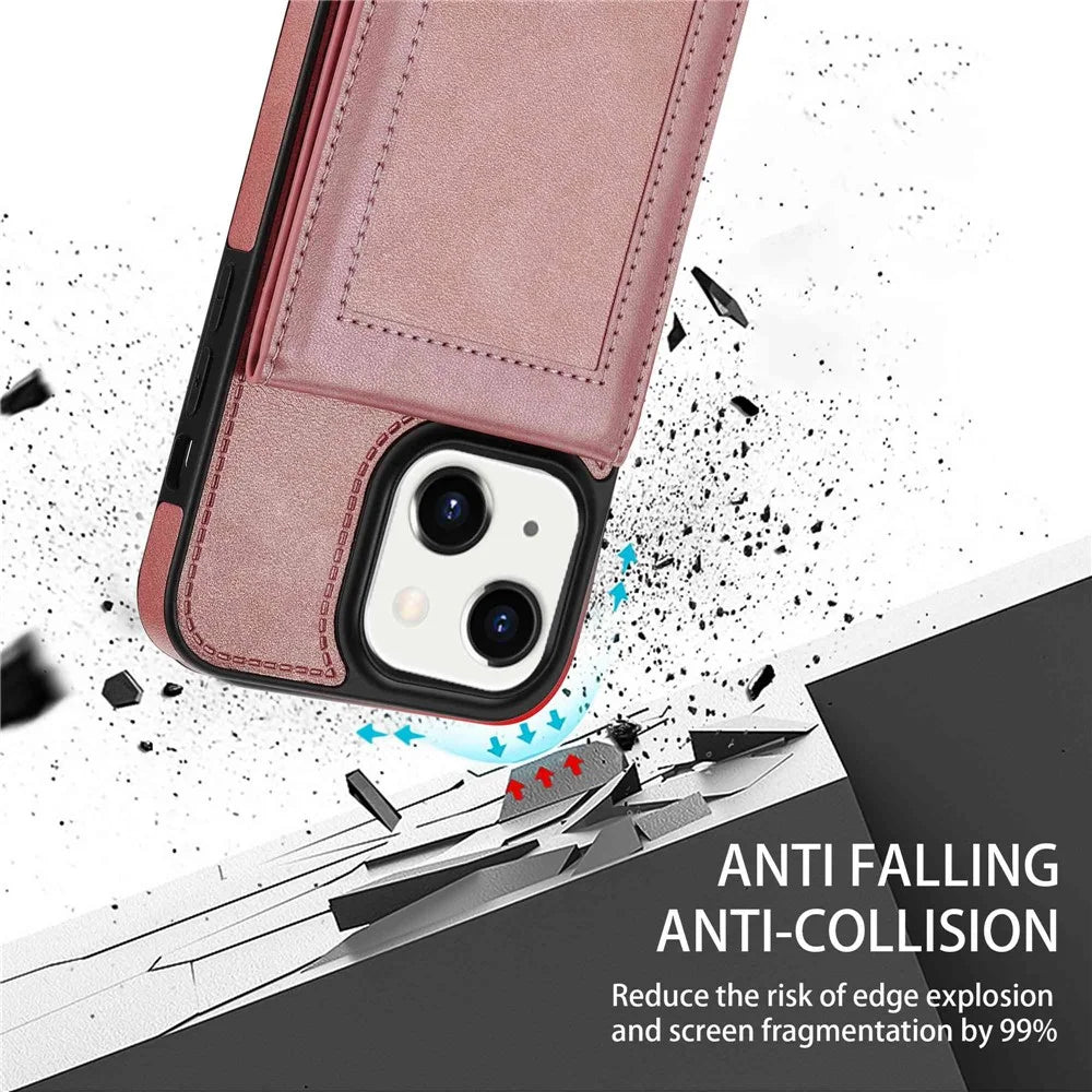 N.BEKUS For iPhone 14 6.1 inch Vertical Card Holder Kickstand Design PU Leather+TPU Phone Case RFID Blocking Phone Cover - Rose Gold - 6