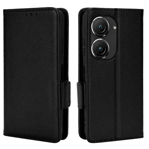 Litchi Texture Magnetic Clasp Phone Case for Asus Zenfone 10 5G / 9 5G PU Leather Foldable Stand Wallet Anti-drop Cover - Black - 1
