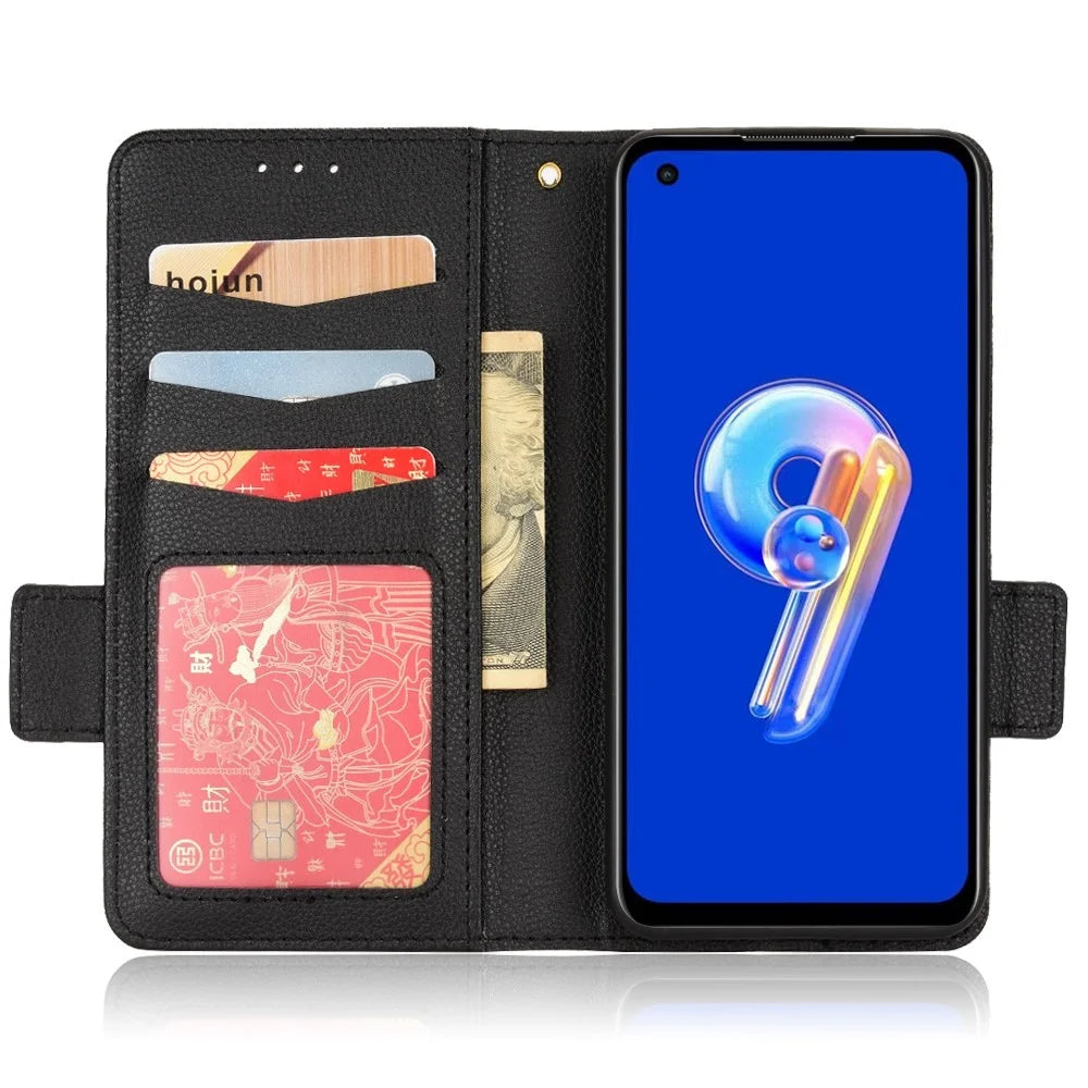 Litchi Texture Magnetic Clasp Phone Case for Asus Zenfone 10 5G / 9 5G PU Leather Foldable Stand Wallet Anti-drop Cover - Black - 2