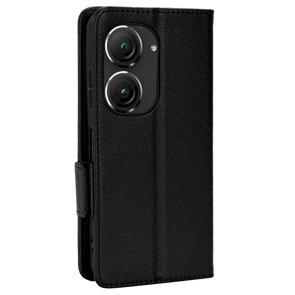Litchi Texture Magnetic Clasp Phone Case for Asus Zenfone 10 5G / 9 5G PU Leather Foldable Stand Wallet Anti-drop Cover - Black - 7