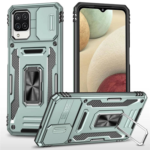 For Samsung Galaxy A12 / F12 / M12 Armor Series Hybrid Hard PC Soft TPU Shockproof Case Ring Car Mount Kickstand Back Shell with Camera Cover - Alpine Green - 1