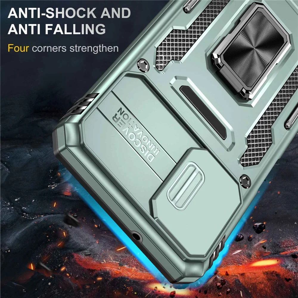 For Samsung Galaxy A12 / F12 / M12 Armor Series Hybrid Hard PC Soft TPU Shockproof Case Ring Car Mount Kickstand Back Shell with Camera Cover - Alpine Green - 2
