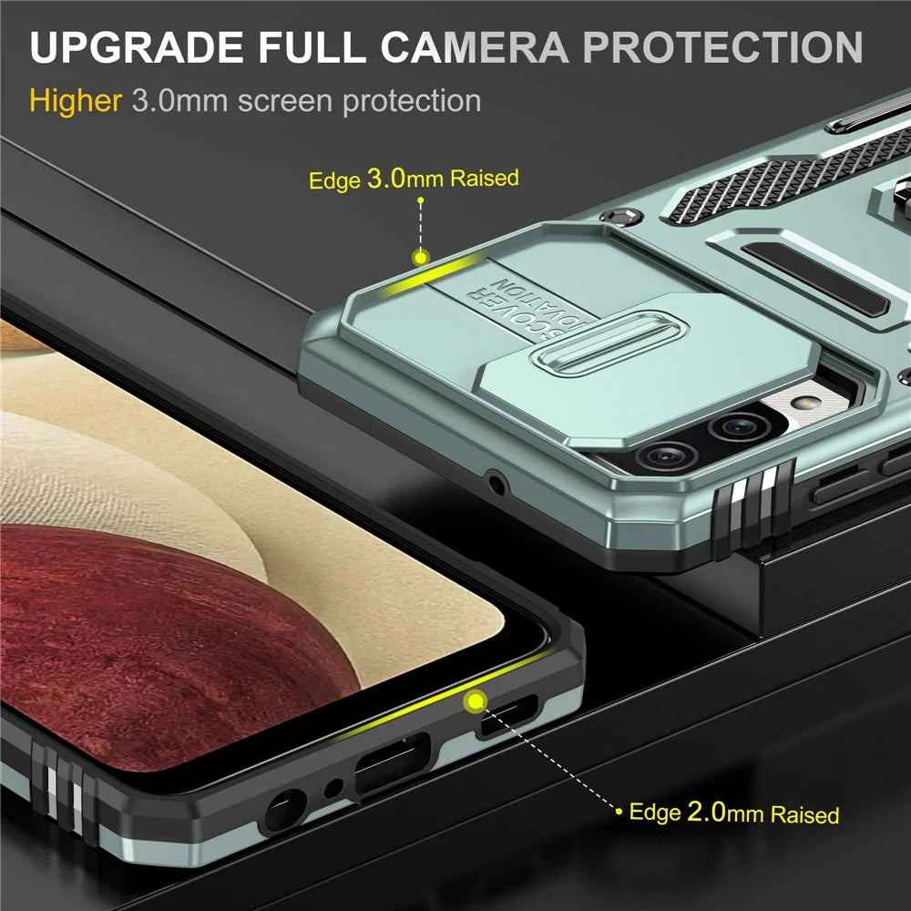 For Samsung Galaxy A12 / F12 / M12 Armor Series Hybrid Hard PC Soft TPU Shockproof Case Ring Car Mount Kickstand Back Shell with Camera Cover - Alpine Green - 3
