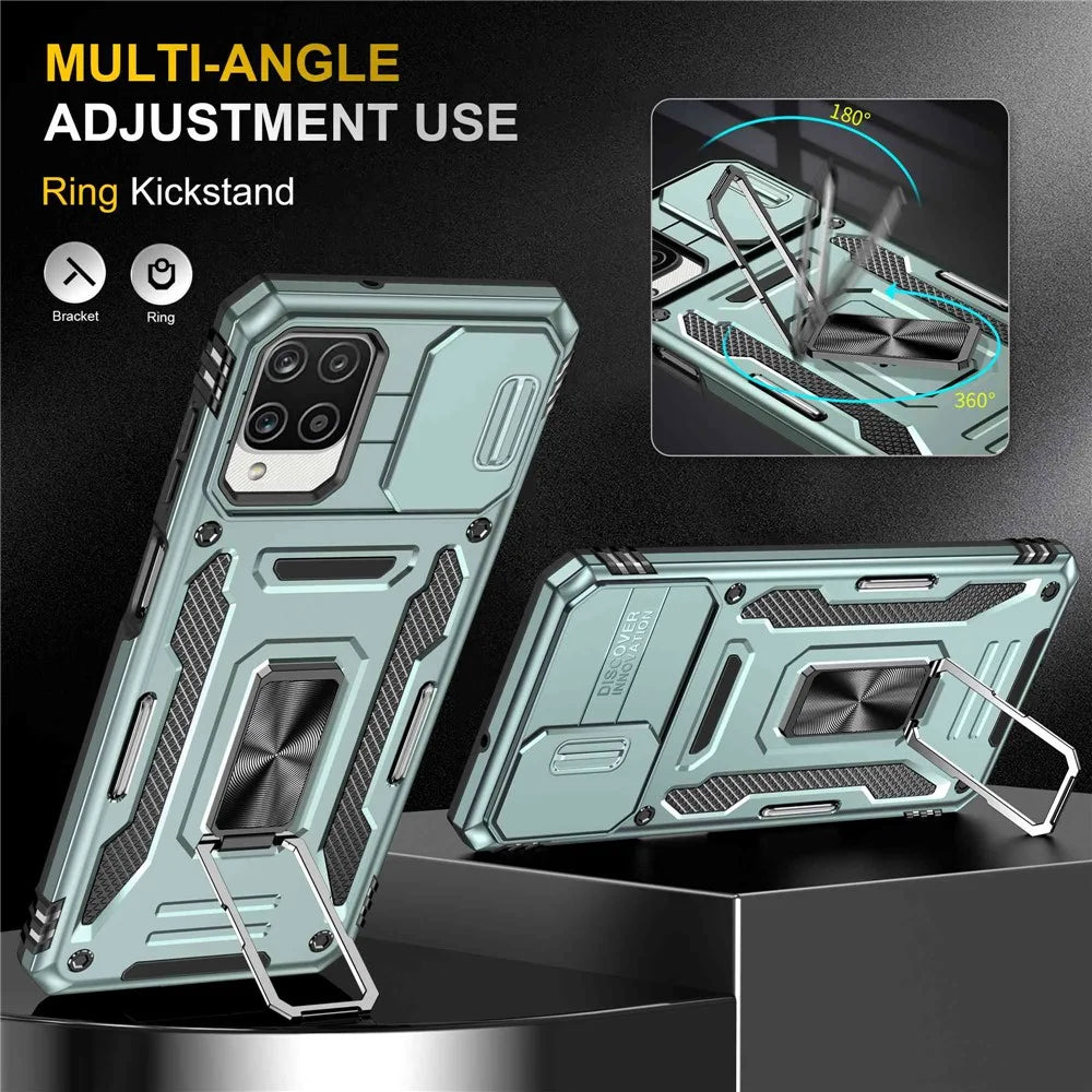 For Samsung Galaxy A12 / F12 / M12 Armor Series Hybrid Hard PC Soft TPU Shockproof Case Ring Car Mount Kickstand Back Shell with Camera Cover - Alpine Green - 4