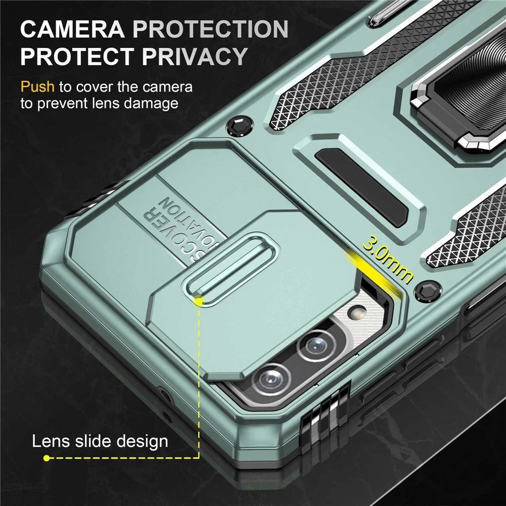 For Samsung Galaxy A12 / F12 / M12 Armor Series Hybrid Hard PC Soft TPU Shockproof Case Ring Car Mount Kickstand Back Shell with Camera Cover - Alpine Green - 5
