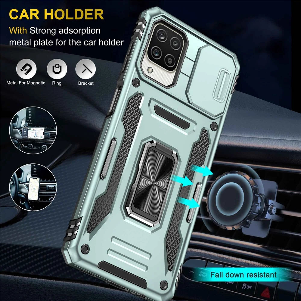 For Samsung Galaxy A12 / F12 / M12 Armor Series Hybrid Hard PC Soft TPU Shockproof Case Ring Car Mount Kickstand Back Shell with Camera Cover - Alpine Green - 6