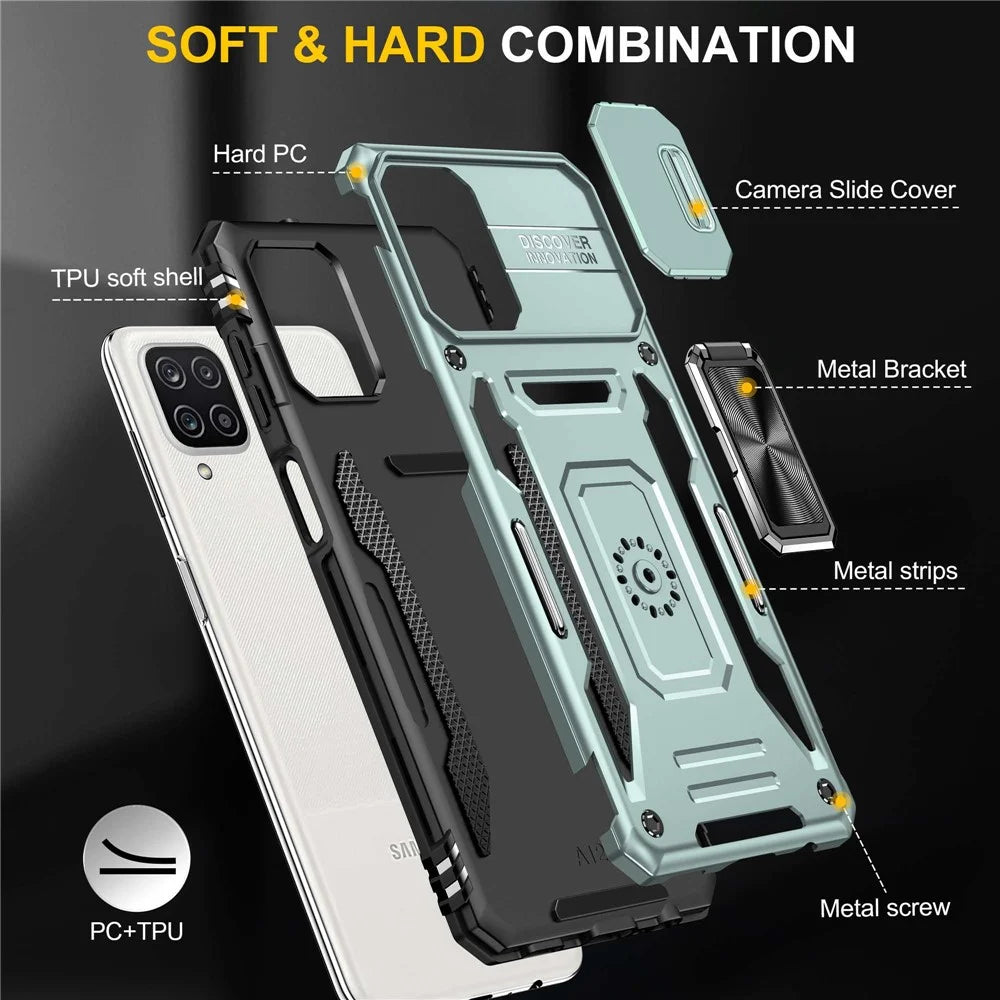 For Samsung Galaxy A12 / F12 / M12 Armor Series Hybrid Hard PC Soft TPU Shockproof Case Ring Car Mount Kickstand Back Shell with Camera Cover - Alpine Green - 7