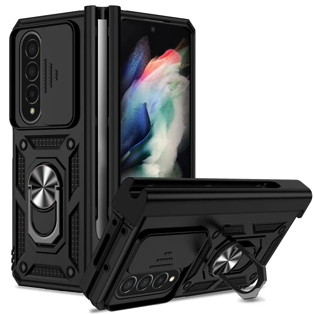For Samsung Galaxy Z Fold4 5G PC + TPU Shockproof Phone Case Metal Ring Kickstand Slide Camera Cover Shell - Black - 1