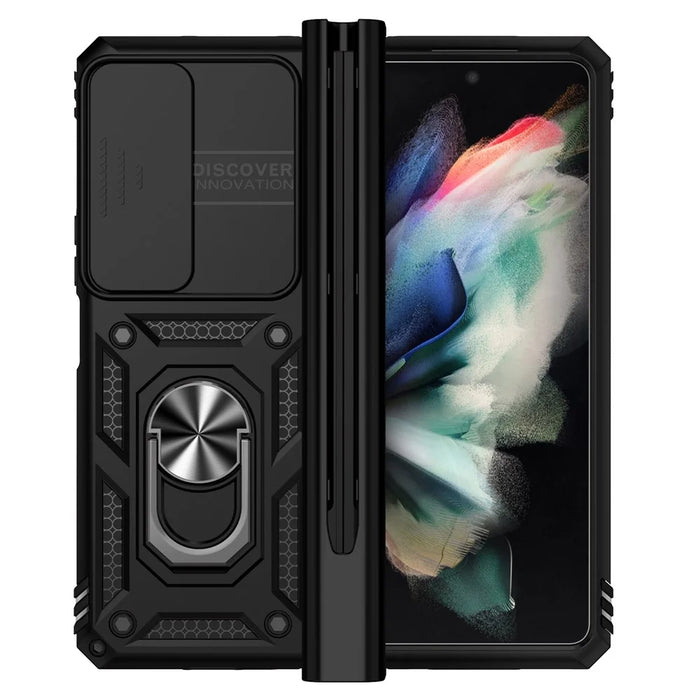 For Samsung Galaxy Z Fold4 5G PC + TPU Shockproof Phone Case Metal Ring Kickstand Slide Camera Cover Shell - Black - 2