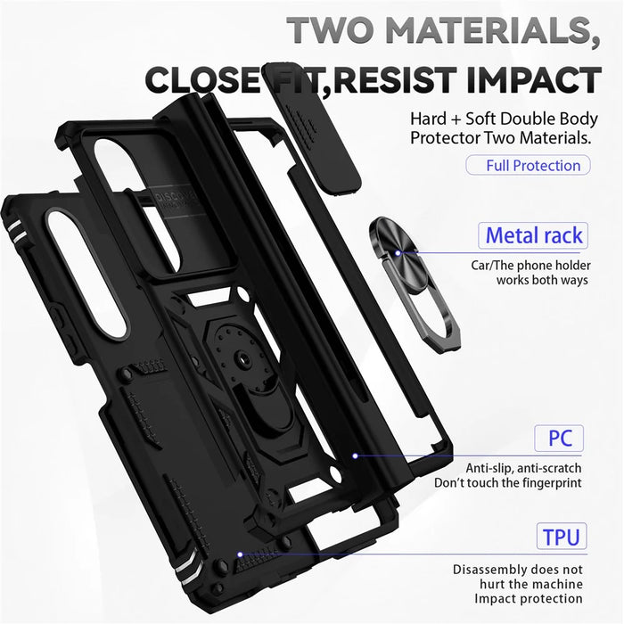 For Samsung Galaxy Z Fold4 5G PC + TPU Shockproof Phone Case Metal Ring Kickstand Slide Camera Cover Shell - Black - 5