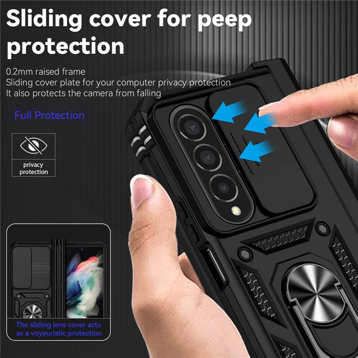 For Samsung Galaxy Z Fold4 5G PC + TPU Shockproof Phone Case Metal Ring Kickstand Slide Camera Cover Shell - Black - 6
