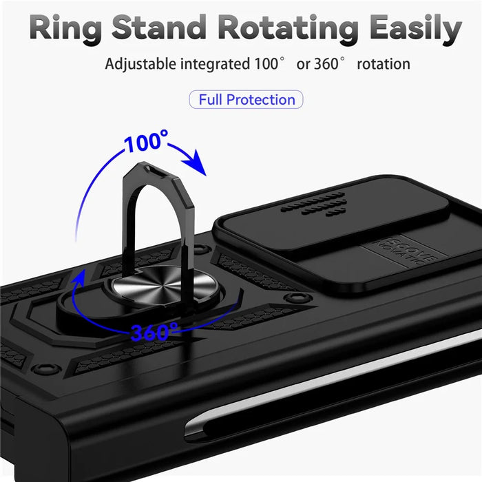 For Samsung Galaxy Z Fold4 5G PC + TPU Shockproof Phone Case Metal Ring Kickstand Slide Camera Cover Shell - Black - 7