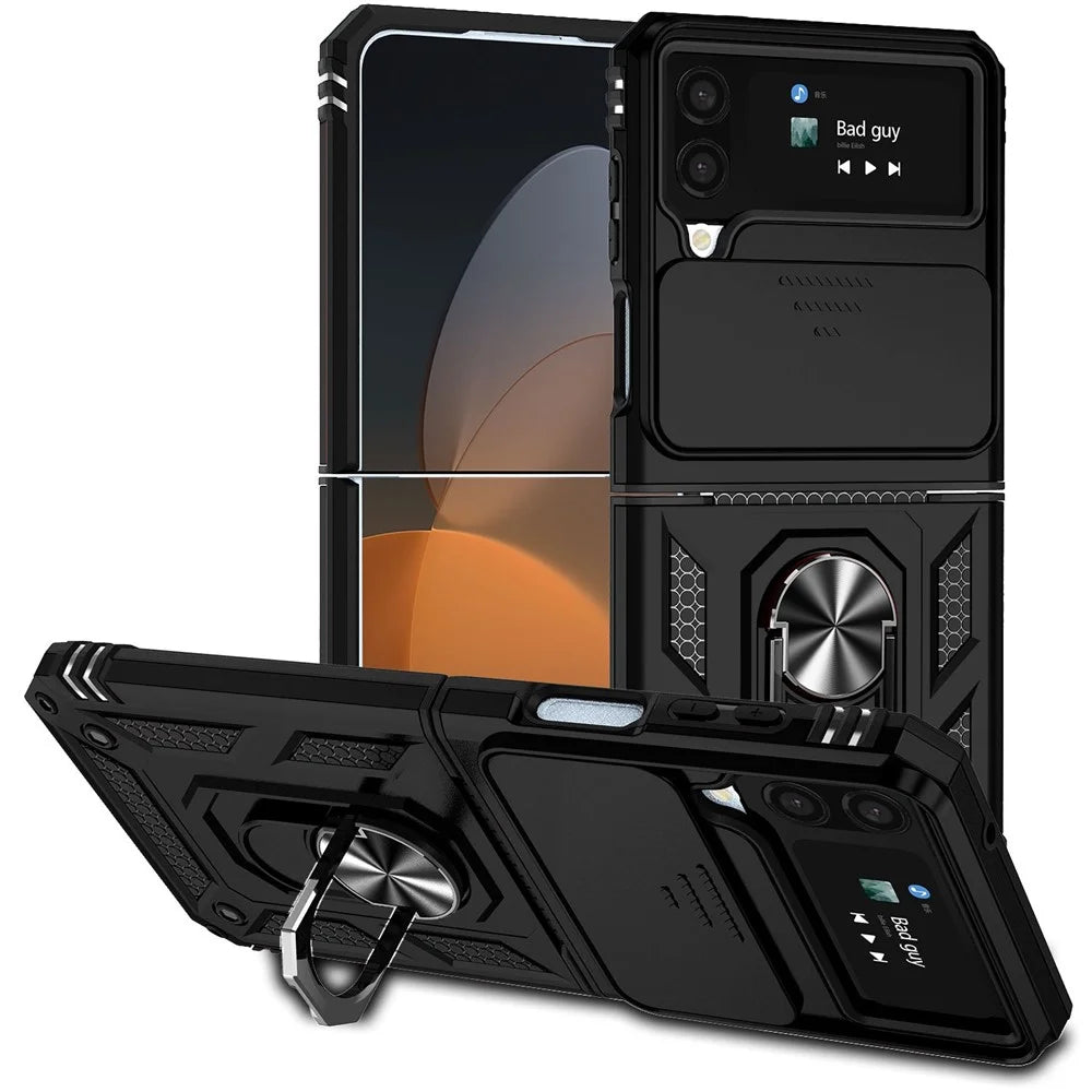 For Samsung Galaxy Z Flip4 5G Slide Camera Protector Phone Case Ring Holder Kickstand PC + TPU Hybrid Cover - Black - 1