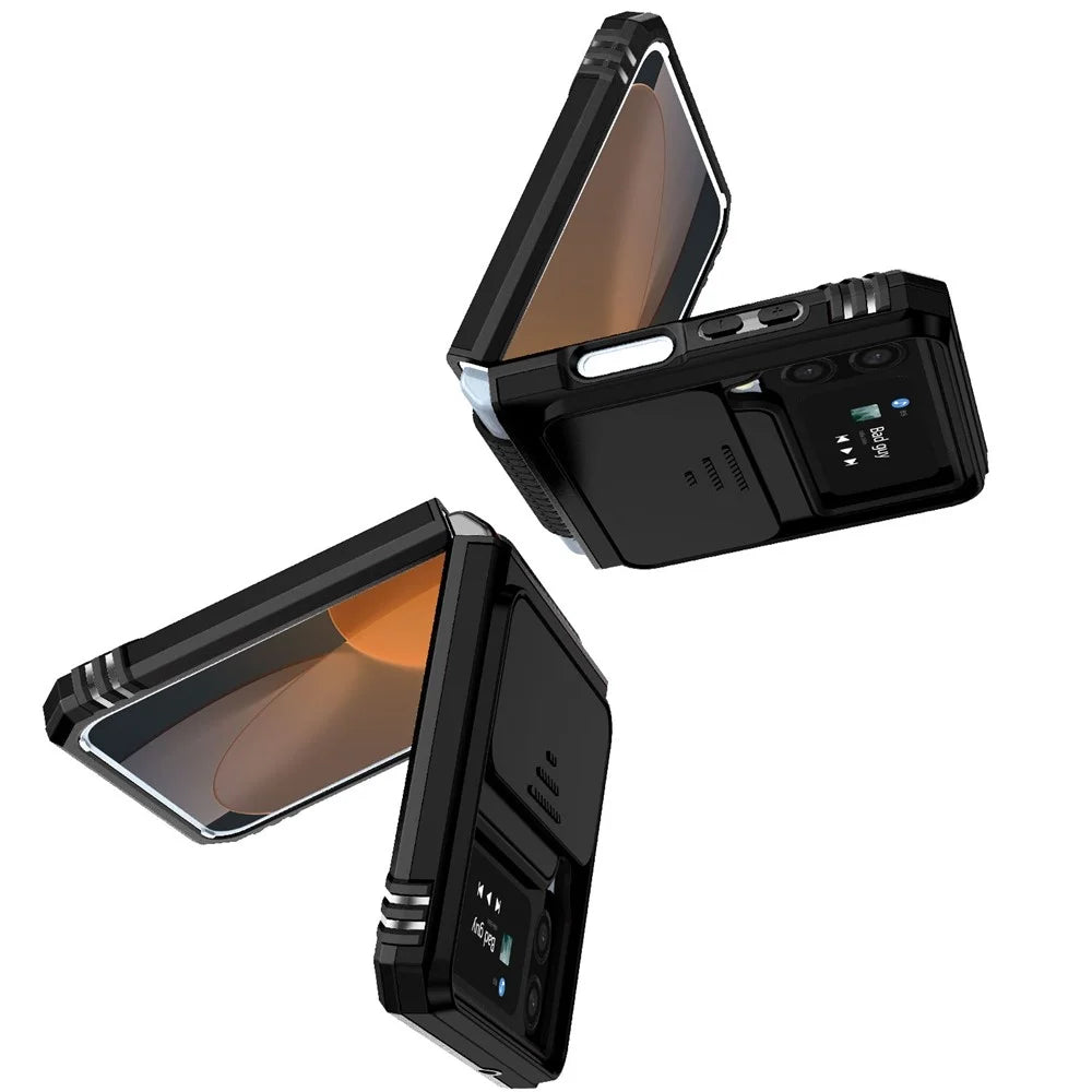 For Samsung Galaxy Z Flip4 5G Slide Camera Protector Phone Case Ring Holder Kickstand PC + TPU Hybrid Cover - Black - 2