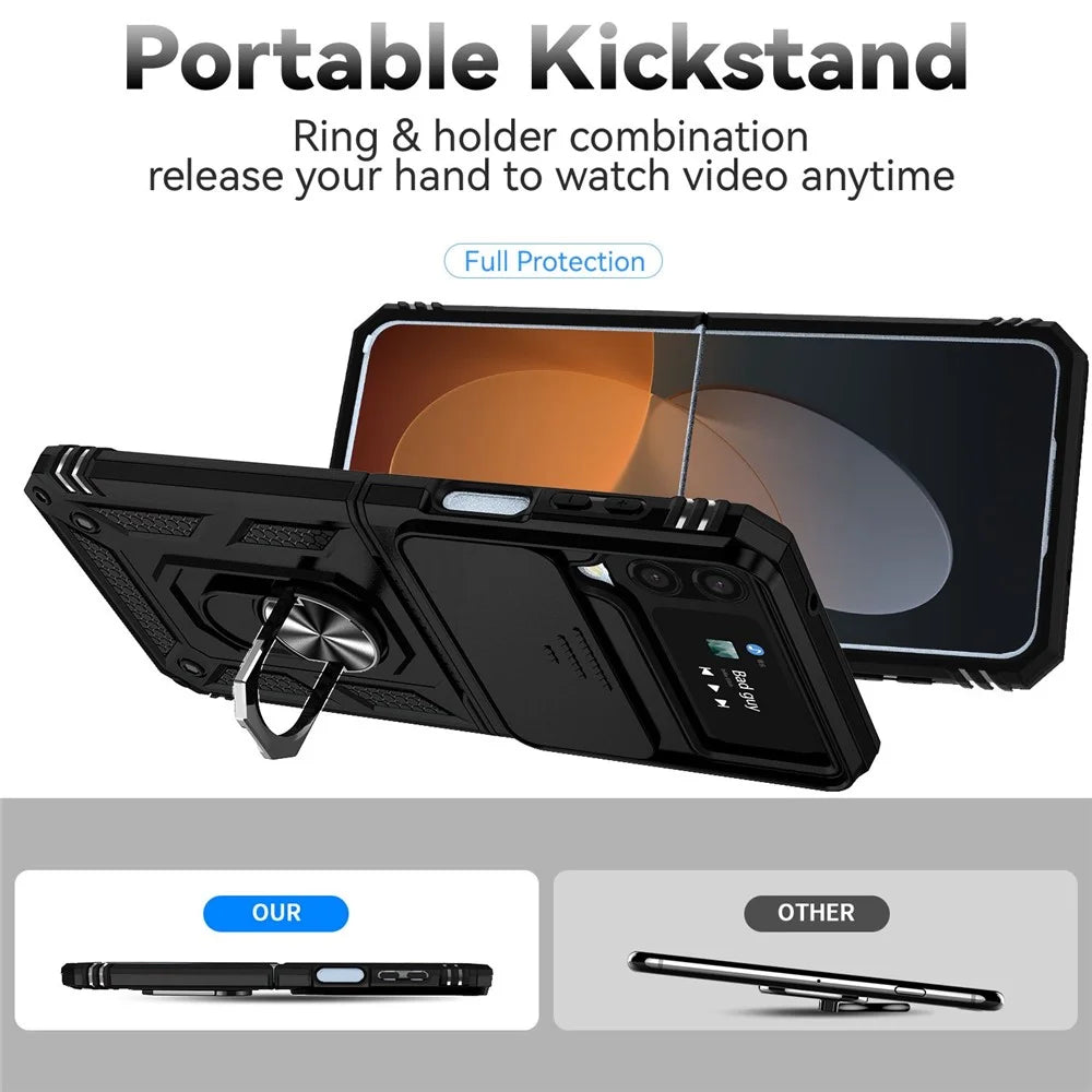 For Samsung Galaxy Z Flip4 5G Slide Camera Protector Phone Case Ring Holder Kickstand PC + TPU Hybrid Cover - Black - 3