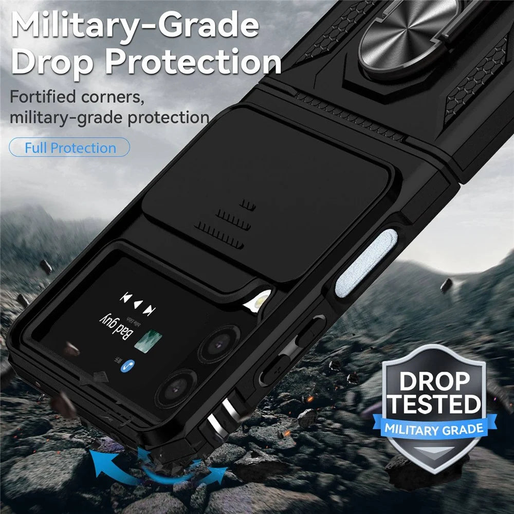 For Samsung Galaxy Z Flip4 5G Slide Camera Protector Phone Case Ring Holder Kickstand PC + TPU Hybrid Cover - Black - 5