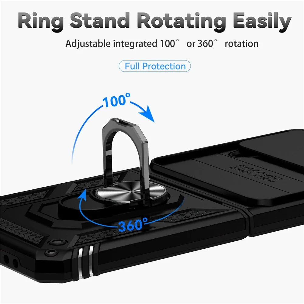 For Samsung Galaxy Z Flip4 5G Slide Camera Protector Phone Case Ring Holder Kickstand PC + TPU Hybrid Cover - Black - 6