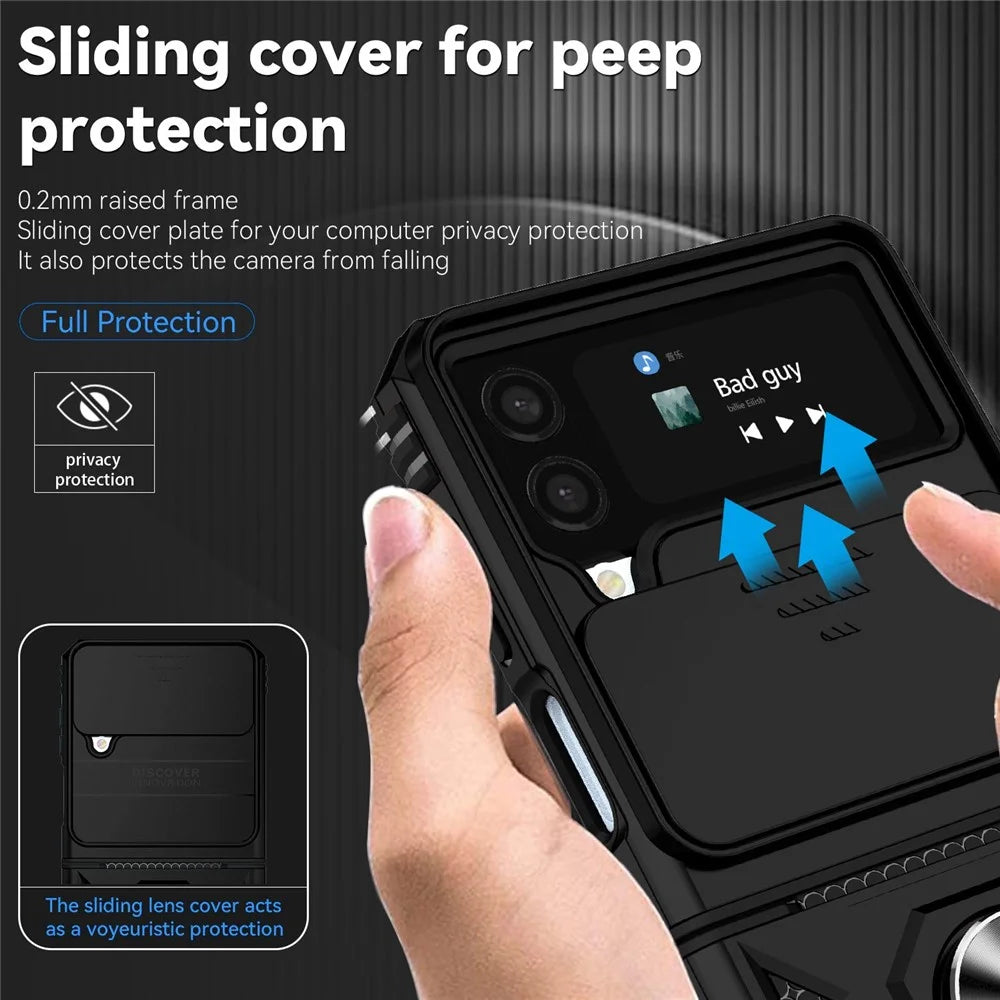 For Samsung Galaxy Z Flip4 5G Slide Camera Protector Phone Case Ring Holder Kickstand PC + TPU Hybrid Cover - Black - 7