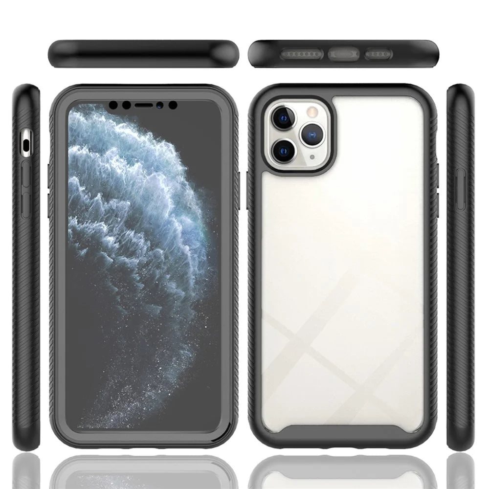 For iPhone 11 Pro Max 6.5 inch 3-in-1 Shockproof Phone Case PC Back + TPU Frame + PET Screen Protector Hybrid Cover - Black - 6
