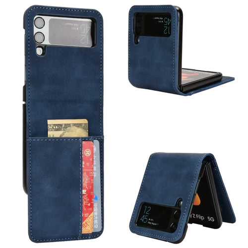 Skin-touch Phone Case for Samsung Galaxy Z Flip4 5G, Separable Design Wallet Card Holder Leather Coated PC Cover - Blue - 1