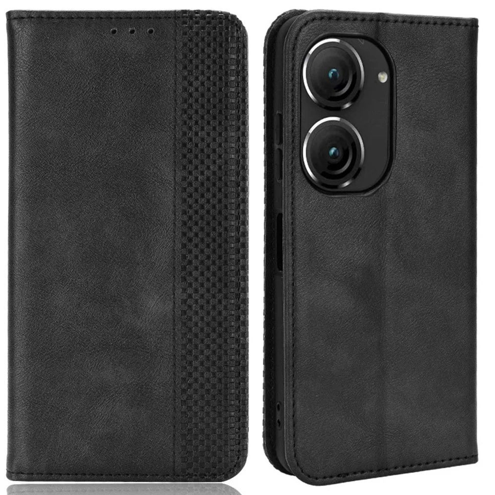 For Asus Zenfone 10 5G / 9 5G Vintage PU Leather Shockproof Mobile Phone Case Stand Auto Absorbed Shell with Wallet - Black - 1