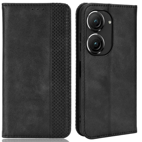 For Asus Zenfone 10 5G / 9 5G Vintage PU Leather Shockproof Mobile Phone Case Stand Auto Absorbed Shell with Wallet - Black - 1