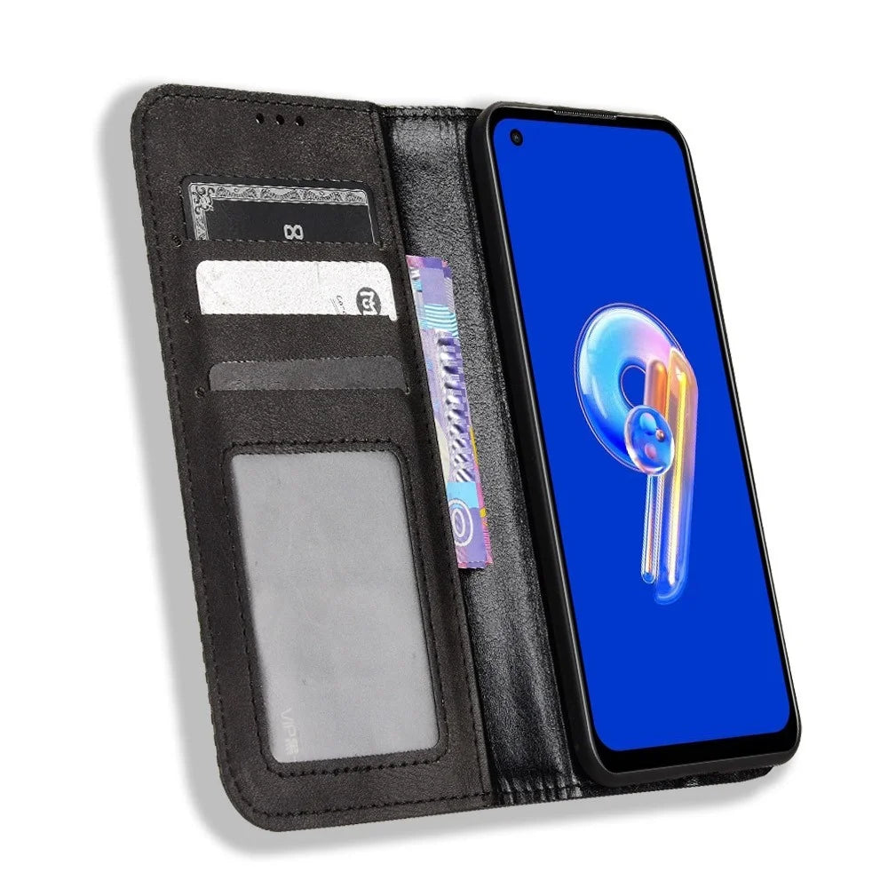 For Asus Zenfone 10 5G / 9 5G Vintage PU Leather Shockproof Mobile Phone Case Stand Auto Absorbed Shell with Wallet - Black - 2