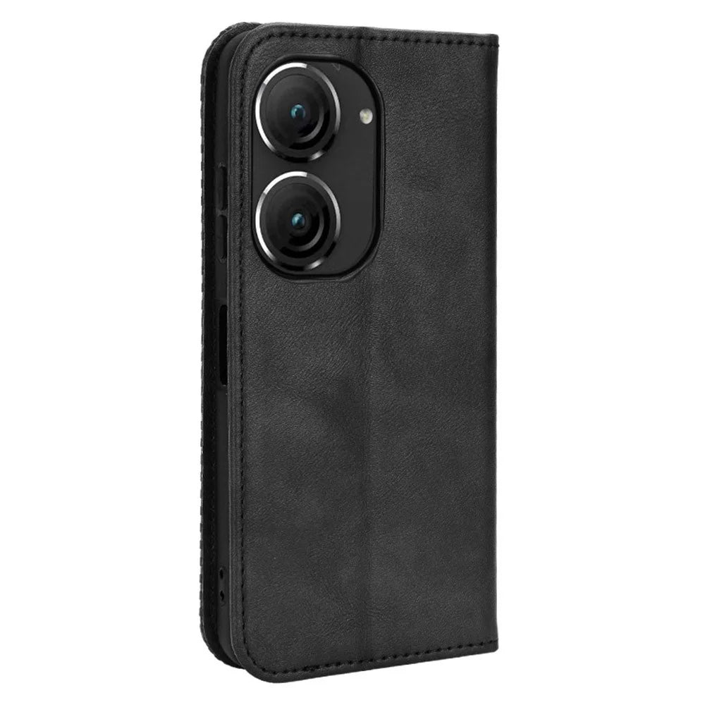 For Asus Zenfone 10 5G / 9 5G Vintage PU Leather Shockproof Mobile Phone Case Stand Auto Absorbed Shell with Wallet - Black - 7