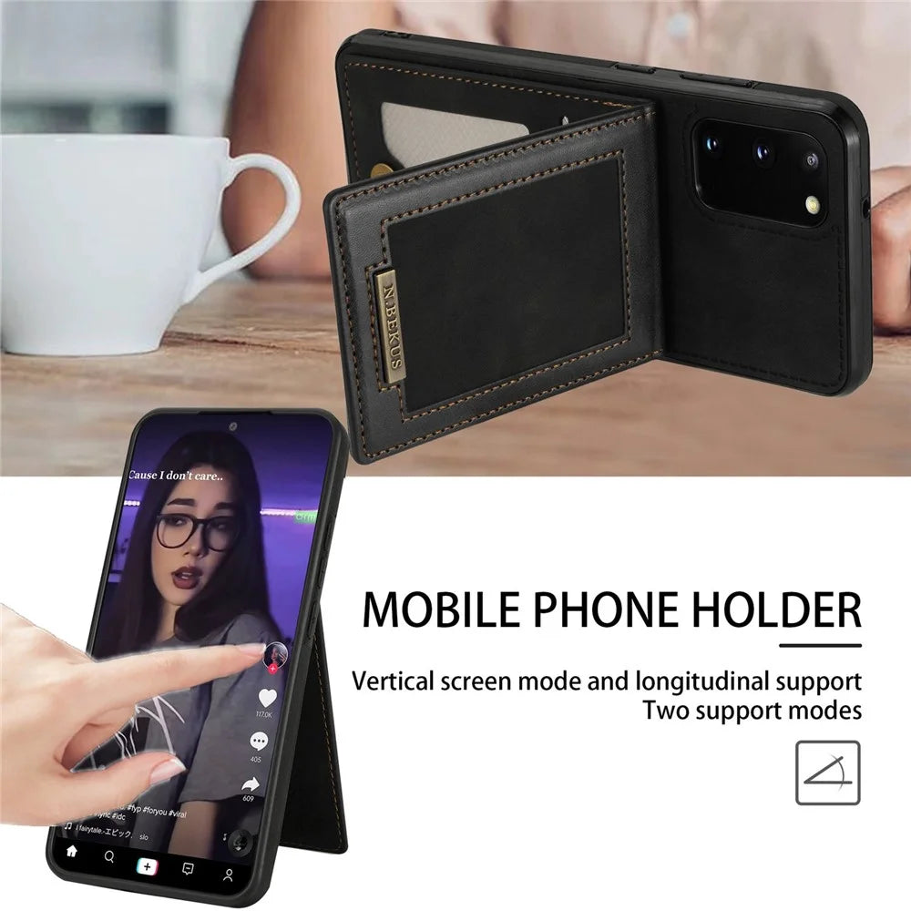 N.BEKUS Anti-fall Phone Case For Samsung Galaxy S20 FE / S20 FE 5G / S20 FE 2022 / S20 Lite, Vertical Card Holder Kickstand PU Leather+TPU RFID Blocking Phone Cover - Black - 5